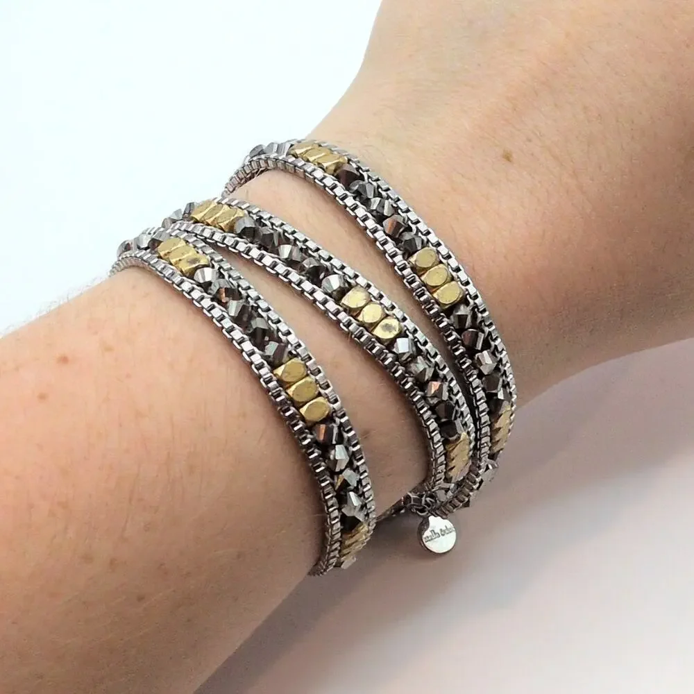 Stella & Dot Luna Two Tone Beaded Metal Triple Wrap Chain Bracelet/Necklace - Picture 1 of 6